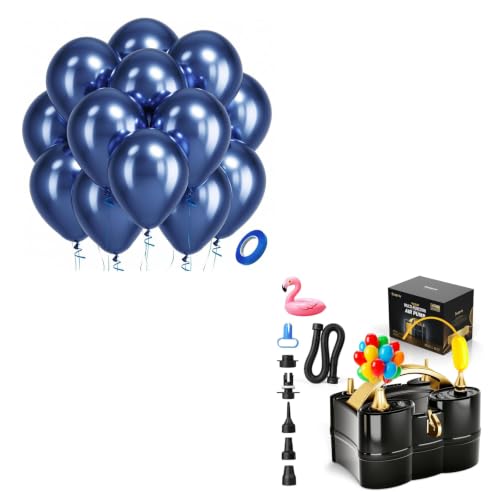 Image of Bezente Metallic Navy Blue Latex Party Balloons - 100 Pack 12 inch Round Helium Chrome Navy Blue Balloons and Electric Balloon Pump Multiple
