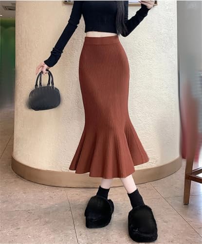 Women Solid Knit A-Line Midi Skirts Fall Winter Elastic Mermaid Skirt Slim High Waist Commute Skirt4