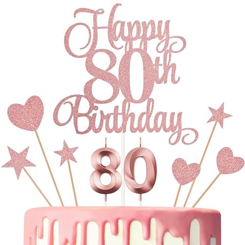 Lecferrarc 80th Birthday Cake Decorations 80th Birthday Candles Cake Numeral Candles and Glitter Happy 80th Birthday Cake Toppers Set for Birthday Party Supplies (Rose Gold)