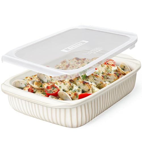 Artena Baking Dish 5.1 Quarts, Casserole Dishes For Oven, Baking Pan With Handles, Lasagna Pan Deep, Large Casserole Dish, Rectangular White Ceramic Bakeware (Baking Dish With Lids)