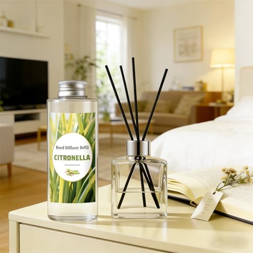 Image of STRN Citronella Reed Diffuser Oil Refill, Lemongrass Scent 200ML(6.8fl.oz) with 6 Sticks, Air Freshener Long-Lasting Aromatherapy Reed Diffuser Set for Summer Home, Bedroom, Spa, Bathroom