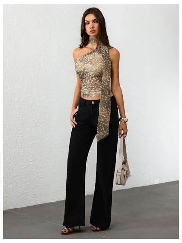 Image of RoseSeek Women's Y2K Leopard Polka Dots Halter Asymmetrical Neck Crop Tops