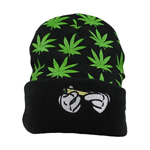 Marijuana Weed Acrylic-Hat Knit Beanie - Leaf Pot Cuffed Knit Winter Weed Beanie Hat Mens Women, Green, One size Cover