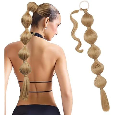 LONAI Bubble Ponytail Extension for Women,28 Inch Long Braided Wrap Around Synthetic Hair with Leather Cord, Straight Afro Puff, Braided Ponytail Extension Medium Blonde Cover
