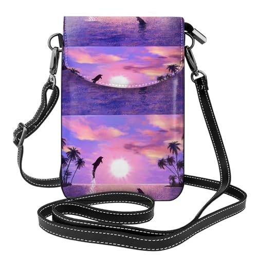 Petit sac bandoulière dauphins au coucher de soleil | Porte-téléphone femme en cuir PU avec cartes