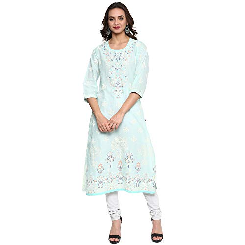 Kurta femme col rond bleu aqua XL avec imprimé graphique haut de gamme