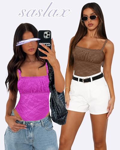 Saslax Women's Sexy Square Neck Lace Sleeveless Bodysuit Tank Tops Double Lined Body Suit Thong Outfits
