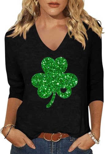Image of Womens 3 /4 Sleeve V Neck Valentine T Shirts Love Heart Printed Graphic Tee Tops