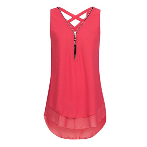 Hatoys Loose T-Shirts, Women Sleeveless Cross Back Hem Layed Zipper V-Neck Tank Top Vest Blouse (M, Red)