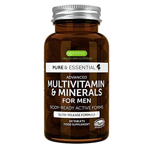 Pure & Essential Multivitaminas y Minerales para hombres con licopeno, vitamina D, además de B6 y B12 metiladas para dar Energía, Inmunidad, Salud Cardíaca y Cerebral, de liberación lenta, 60 tabletas Cover