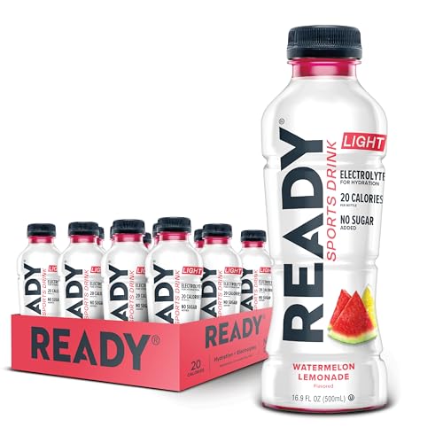 Ready® Sports Drink Light – The Ultimate Low-Calorie Hydration Drink with 4 Different Electrolytes – No Added Sugars – Naturally Sweetened & Flavored – Watermelon Lemonade,16.9 oz (12-Pack)