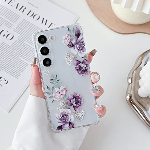 Defbsc Soft Case Compatible With Samsung Galaxy S23, Clear Floral Flower Pattern Print Design Flexible Tpu Shockproof Cover For Women Girls,Flower Protective Phone Case, Purple Peony #TOP4
