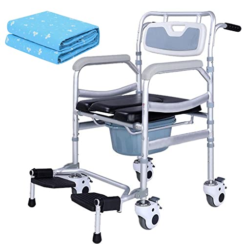 Silla de inodoro con ruedas con almohadillas lavables, silla de ducha, inodoro portátil para adultos con reposapiés, 4 frenos de rueda con inodoro integrado