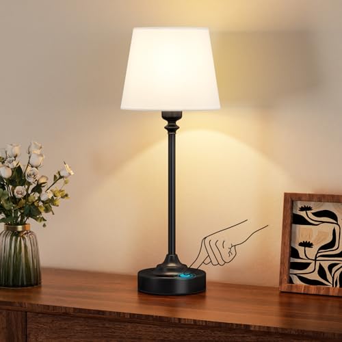 PreeOtti Lampe de Chevet Tactile, LED Lampe de Table Sans Fil Batterie Rechargeable, Variateur Continu, Abat-jour en Lin Blanc, pour Chambre à Coucher Salon...