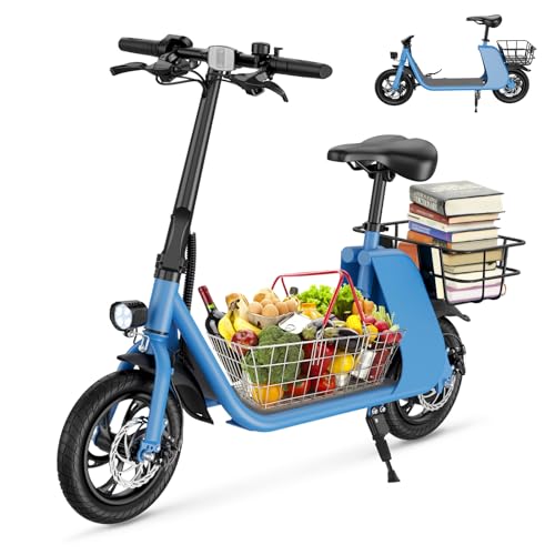 WINDHORSE Electric Scooter with Seat for Adults, 672W Peak Motor Up to 20 Miles Range, 20 MPH, 12.5 inch Tires Folding 2 Wheel E Scooter for Commuting with Basket - Blue