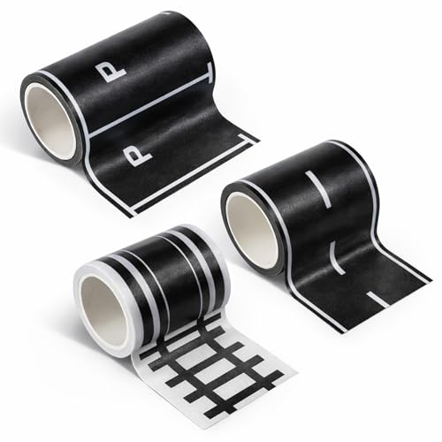 Race Track Tape, Road Tape for Toy Cars Track-Tape Sticks to Flat Surfaces No Residue for Birthday Party Racing Party Decoration (3 PCS 1.9x197/3x118)