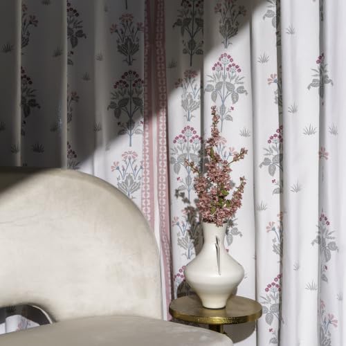 Image of Tranquebar Curtain Co. Window Curtains 5 Feet, 60-65% Room Darkening, Pink Floral Print, Cotton Curtains for Window, Cotton Curtains 5 Feet Long Set of 2, BackTabs, Latha (152 cm) - Set of 2