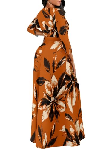 Image of Women Plus Size Long Sleeve V Neck Maxi Dress with Belt | Soft fabric relaxed fit three quarter sleeve v neck with pockets for party and daily wear