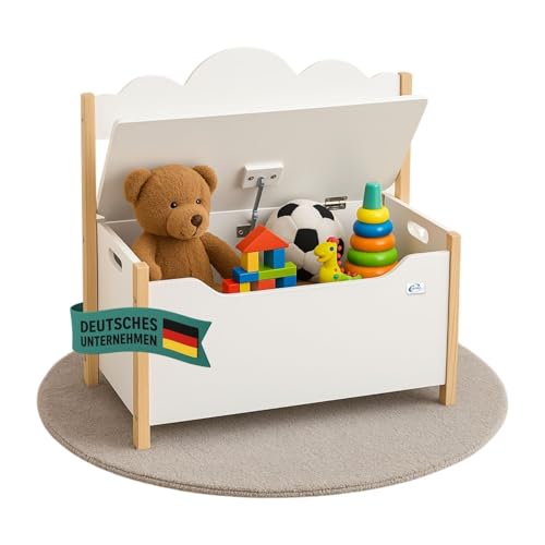 Coemo Spielzeugtruhe mit Sitzbank Holztruhe Weiß Trudi 60×26×55 cm Kinderzimmer Bank mit Stauraum Spielzeugkiste mit Sicherheitsscharnier kindgerechte Sitzhöhe dekoratives Wolken-Design