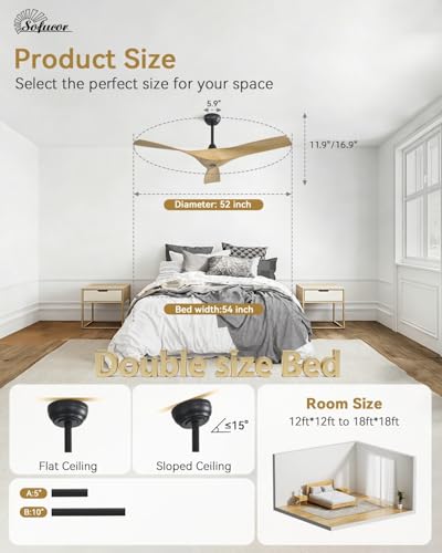 Image of Sofucor 52 Inch Smart Ceiling Fan No Light, Modern Ceiling Fan with 3 Plastic Blades, Compatible with Alexa /Google /App, 6 Speeds 4500CFM, Timer Quiet Reversible DC Motor, ETL /FCC