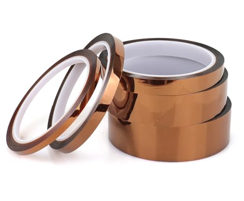 Image of BOMEI PACK Polyimide Tape, 5 Pack High-Temperature Resistant Tape 5 /8 /12 /25 /30mm x 33m(108ft), No Residue Heat-Resistant Tape for Electric Task, 3D Printing, Soldering, Sublimation, Masking