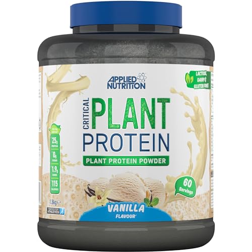 Applied Nutrition Plant Protein Powder – Critical Plant Vegan Protein Shake with SOYA, Pea, Brown Rice Proteins & Essential Amino Acids – Dairy-Free Gym Supplement (1.8kg – 60 Servings) (Vanilla)