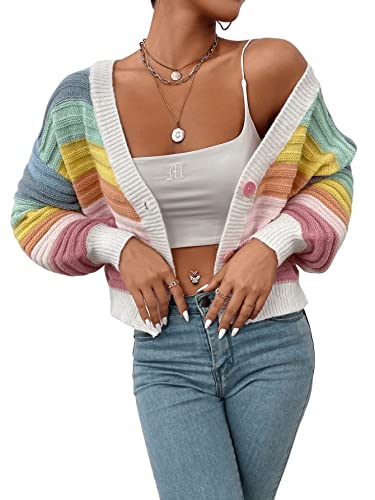 SweatyRocks Women's Color Block V Neck Button Front Knit Cardigan Sweater Outerwear2