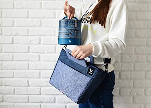 Image of VAYA BentoBag Light Weight Polyester Waterproof Insulated Lunch Tote Bag with Cutlery Pouch with Zip and Handle with Adjustable Detachable Nylon Strap,Blue
