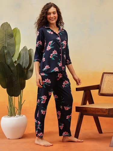 Image of Clovia Women's Cotton Printed Button Down Shirt & Pyjama Night Suit Set