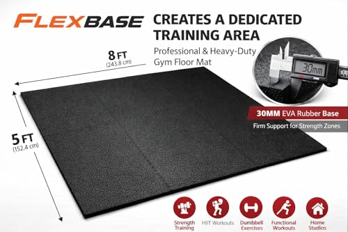 Image of FlexBase by Dhara Heavy-Duty Gym Exercise Floor Mat 8x5 Ft | 30mm Rigid EVA Rubber Base for Treadmill, Squat Rack & Dumbbell Zone | Shock & Vibration Control Mat (Black)