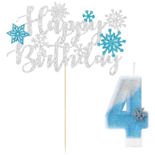 GTYHH 1 Candela con Il Numero 4 E 1 Biglietto D'Auguri, Decorazione per Torta sul Tema Ghiaccio E Neve, Candela Glitterata, Accessori per Feste per Compleanni di Ragazze