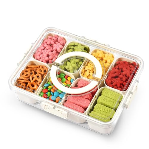 STORICANS Divided Serving Tray with Lid & Handle,Snack Box with 8 Removable Compartments Portable Food Storage Container Snack Platters, Reusable Clear Organier for Veggie, Candy, Fruit,Nut