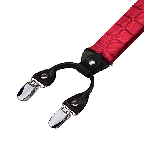 Image of GUSLESON Adjustable Plaid Floral 6 Clips Y Shape Suspenders Pre-tied Bow Tie and Pocket Square Set with Gift Box