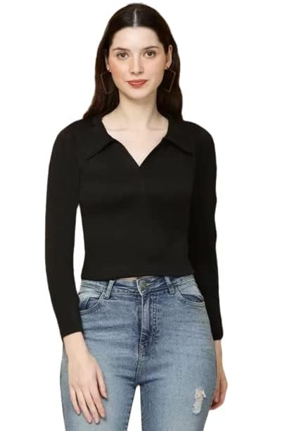 r lon Ribbed Polo Collar Extended Sleeves Tops for Women (Medium) Black-picture-22