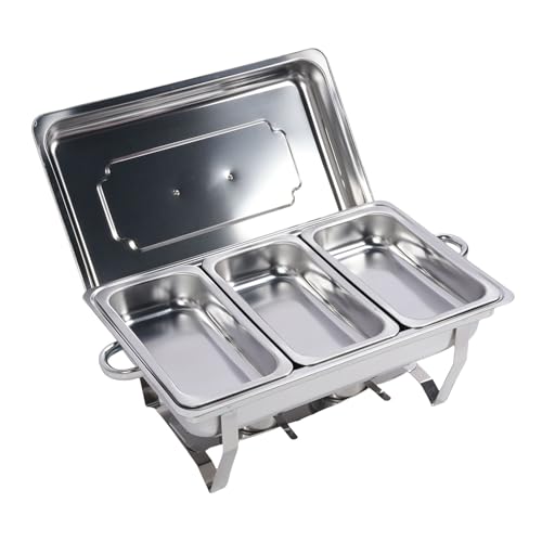 Juego de Platos de Acero para Buffet, Calentadores de Buffet con Aislamiento Plegable Multiusos, Calentadores Rectangulares para Almacenar Guisos, Platos Principales, Bebidas Frías (3 compartimentos)
