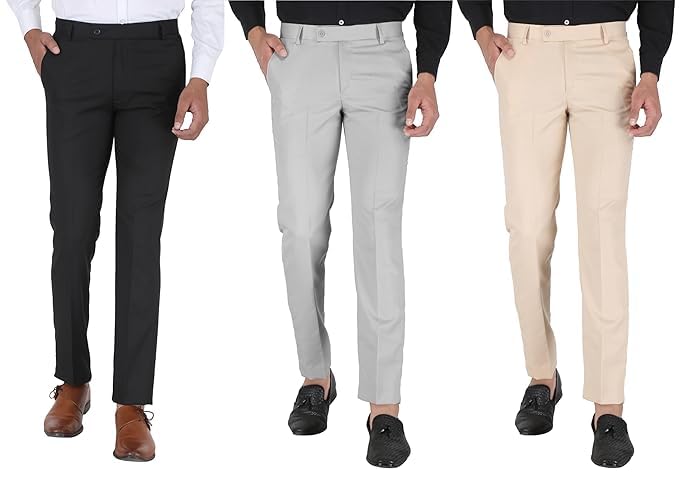 Image of ABLESTAR Men's Polycotton Slim Fit Formal Trouser - Spendex Cotton Casual Pant for Men - Breathable, Lightweight, Adjustable Formal Trouser for Men - Pack of 3