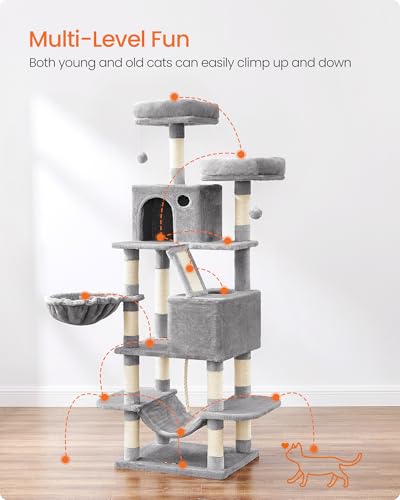 Image of Feandrea Cat Tree, 66.1-Inch Large Cat Tower, Multi-Level Plush Condo with 13 Scratching Posts, 2 Perches, 2 Caves, Basket, Hammock, Pompoms, Light Gray UPCT165W01