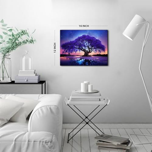 Image of Purple Wall Art for Living Room Tree of Life Wall Decor Abstract Starry Night Forest Landscape Picture Canvas Paintings Space Nebula Scenery Poster Artwork Bedroom Office Home Decorations 12x16 inch