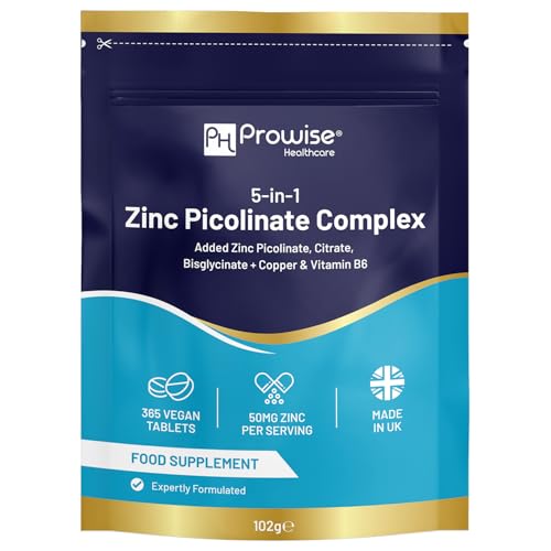 5-in-1 Zinc Picolinate Complex 50 mg | 365 Vegan High Strength Tablets Added with Copper and Vitamin B6 | 6 Months Supply Help with Immune System Bone Health and Fertility | Made in UK by Prowise