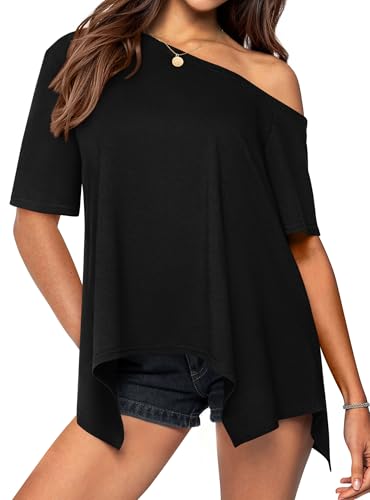 PRETTYGARDEN Womens Off The Shoulder Summer Tops Short Sleeve Tunic Blouse 2026 Casual Spring Asymmetrical Oversized Tshirts (Black,Medium)