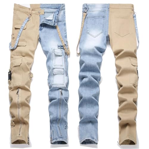 Women's High Waist Two Tone Color Block Jeans Straight Leg Stretch Frayed Denim Pants Bottom Jeans Pants3