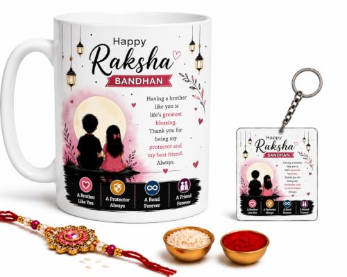 Image of Rakhi Mug Set for Siblings | Ceramic Coffee Mug, Square Keychain, Rakhi, Roli & Chawal