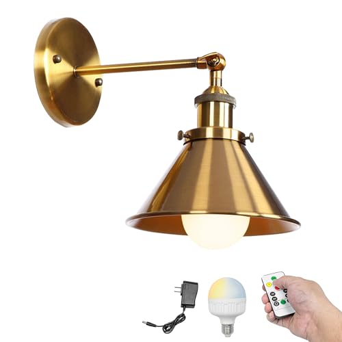 Image of Kiven Battery Operated Wall Sconces 1-Light,Vintage Wall Lights with Rechargeable Bulb,Dimmable Wall Lighting Fixtures for Painting Bedside Vanity Desk, Gold Finish