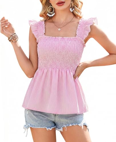 Poetsky Ladies Striped Tank Top Summer Ruffle Strap Smocked Cute Country Shirts, Pink White Stripe, XL