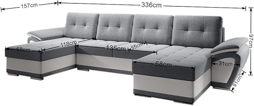 MODERNO Living Room Landscape Sofa with Sleep Function Enzo U - Sofa U-Shape with Bed Box - Modern Corner Sofa Bed - Quilted Sofa Bed - Two-Tone Sofa Bed - Black/Grey - Image 2