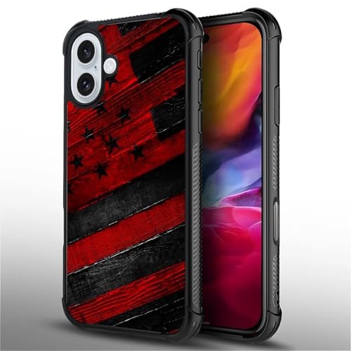 DJSOK Compatible with iPhone 16 Plus Case，Design Pattern Back Bumper Anti Scratch Reinforced Corners Soft TPU Caver,Cases for Men Women-Black Red Wood Grain American Flag by DJSOK - Image 2