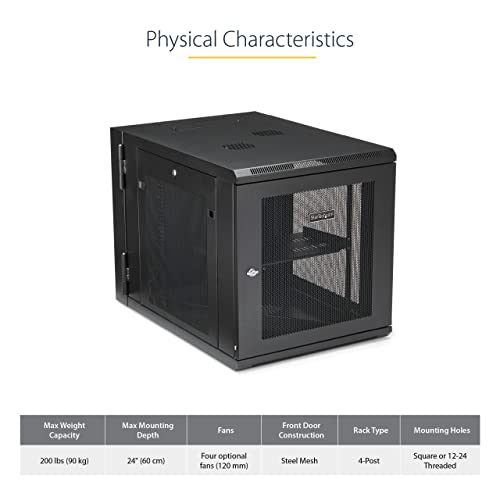 Image of StarTech 12U Wall-Mount Cabinet, 19in, 4-Post, 24in Deep (RK1232WALHM) | Hinged enclosed locking server rack kit for IT data equipment, Adjustable depth 2.4-24in, SPCC steel, Assembled