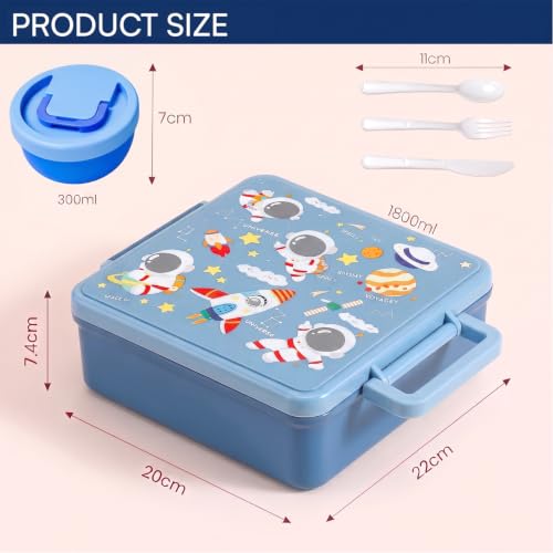 Image of House of Quirk 'NomNom' Space Print Bento Lunch Box, 1800ml with 300ml Removable Bowl, Microwave Safe Lunch Box with Spoon, Fork & Knife for Kids, School, Office, Picnic & Travel (Blue)