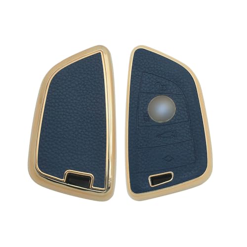Image of keyzone Litchi Leather Textured TPU Key Cover & Keychain for X1, X3, X6, X5, 5 Series, 6 Series, 7 Series 4 Button Smart Key (Blue)
