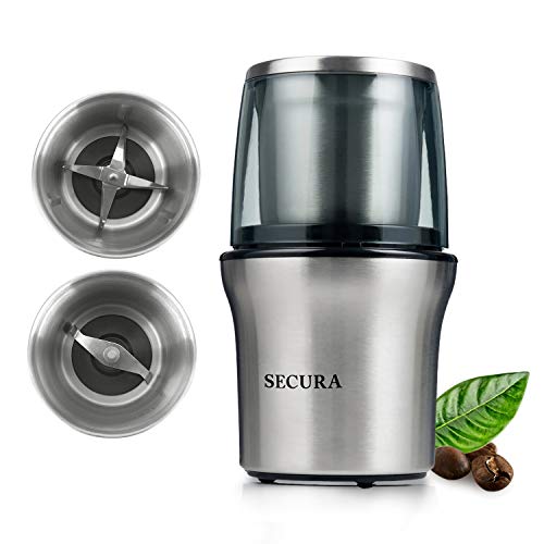 Secura Electric Coffee Grinder and Spice Grinder with 2 Stainless Steel Blades Removable